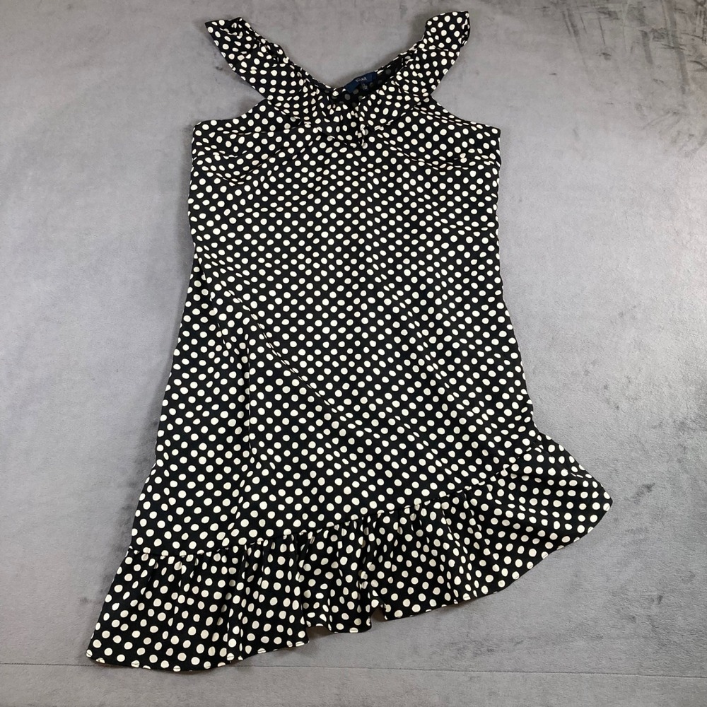 Eclair Black White Polka Dot Ruffle V-Neck High-Low Mesh Dress Large
